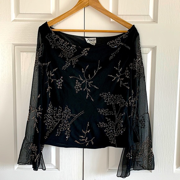 JMD New York Tops - JMD New York Black Beaded and Sequins Draped Long Sleeve Top Size L
